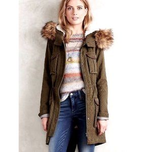 Anthropologie Olive Green w/Brown Trim Fleece Lined Jacket Size 4
